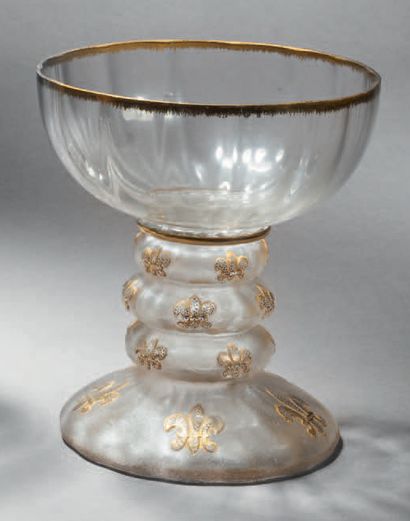 DAUM Glass with a foot ringed with three elements and an open drinking bowl. Proof...