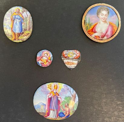 null 
Set of five round, oval, and heart-shaped enamels depicting religious scenes...