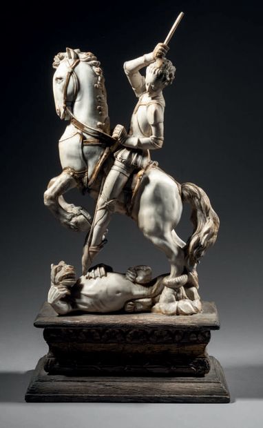 Ecole ALLEMANDE, vers 1920 Saint George slaying the dragon
Ivory statuette
H. 31...