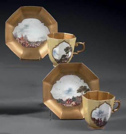 MEISSEN Two octagonal porcelain cups and their saucers with polychrome decoration...
