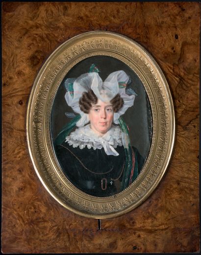 Frédéric MILLET (1786-1859) 
Portrait de femme en robe noire à large col et coiffe...