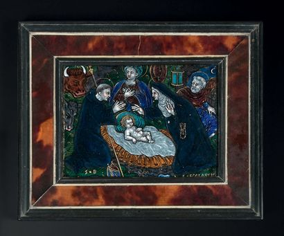 null 
Rectangular polychrome enamel showing a nativity scene. Limousin work of the...