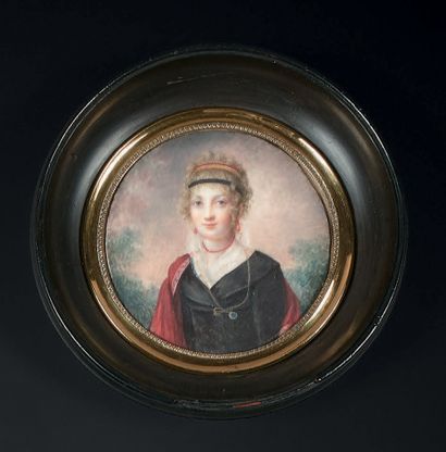 Ecole FRANCAISE vers 1800 
Portrait de jeune femme au peigne de corail et écharpe...