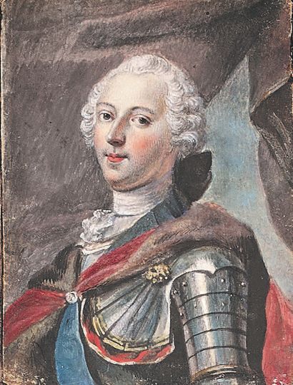 Ecole Francaise vers 1750 
Portrait of a Prince in armour, with a red cape edged...