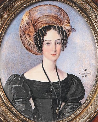 TINOT 
Portrait of a young woman with a black satin dress and a large turban covering...