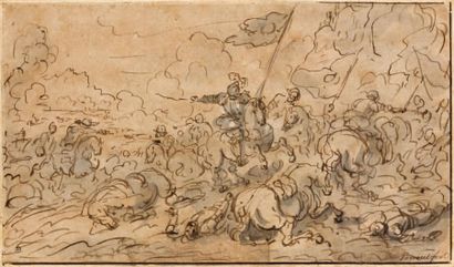 JOSEPH PARROCEL (BRIGNOLES 1646 - PARIS 1704) Combat de cavalerie Plume et encre...