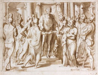 GIOVANNI GUERRA (MODÈNE 1544 - ROME 1618) Scène de roi scellant une union Plume et...