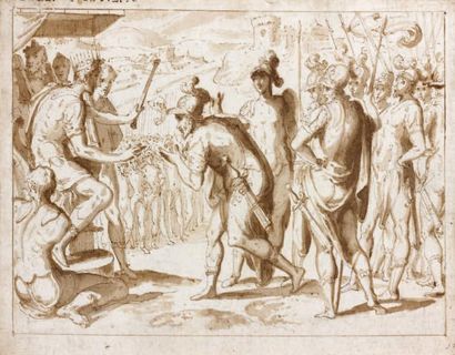 GIOVANNI GUERRA (MODÈNE 1544 - ROME 1618) Scène de soumission d'un vaincu Plume et...