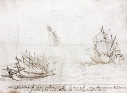 ECOLE ITALIENNE VERS 1600 Marine avec deux navires et galère Plume et encre brune...