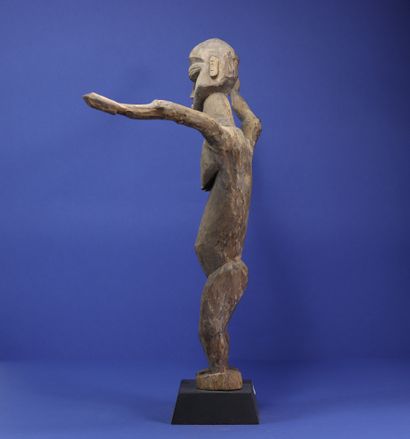  Statue féminine toute en mouvement, figurée debout les bras grands ouverts. Bois...