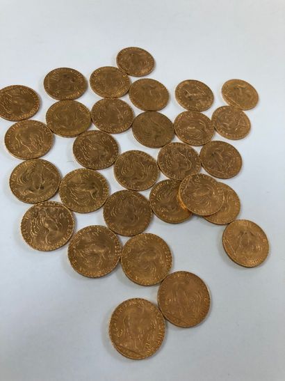  Lot de pièces d'or comprenant 29 pièces de 20 F or au coq de Chaplain 1907x18 ;...