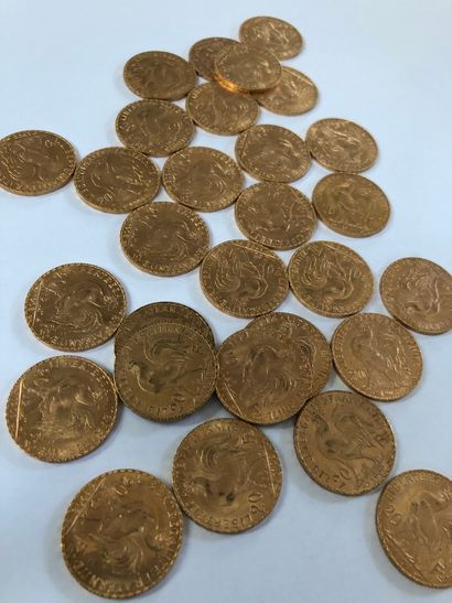  Lot de pièces d'or comprenant 29 pièces de 20 F or au coq de Chaplain 1908x20 ;...