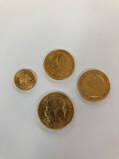  Set of four gold coins including: 1 coin of 20F gold with the rooster of Chaplain...