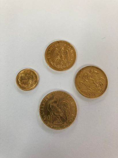 null Set of four gold coins including: 1 coin of 20F gold with the rooster of Chaplain...