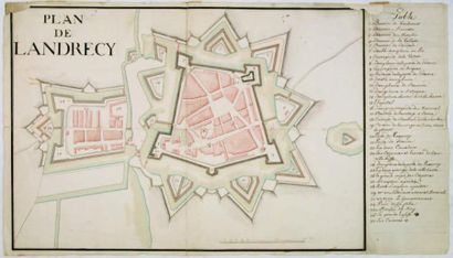 NORD - PICARDIE. ANONYME Plan de Landrecy. Ca. 1750. Plan manuscrit, encre et lavis...