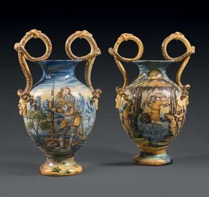 FLORENCE Pair of baluster majolica vases with two snake-shaped handles ending in...