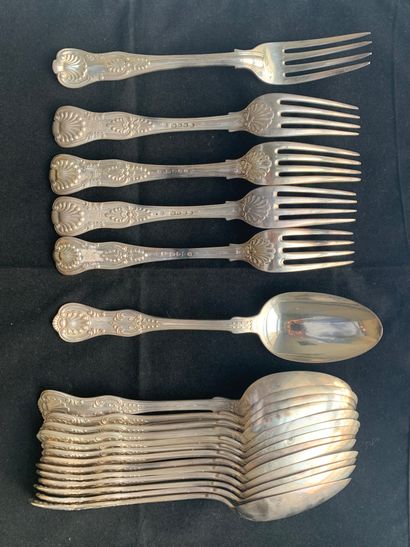  Five forks and fourteen spoons in silver, monogrammed, model with foliated contours,...