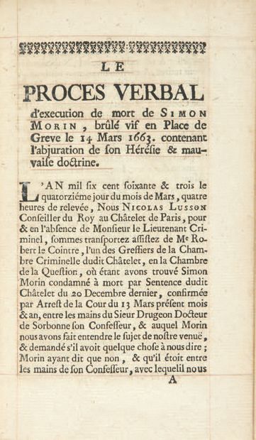 MORIN (Simon) Thoughts of Morin. Dedicated to the King.
Sans lieu, 1647.
In-8 of...
