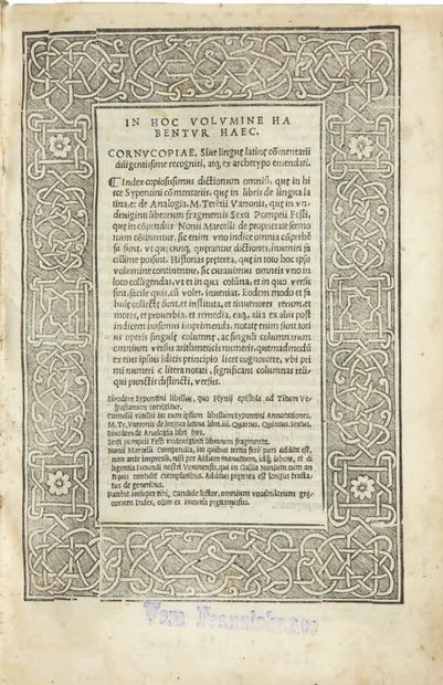 [PEROTTUS (Nicolaus)] Cornucopiae, sive lingue latine commentarii. Toscolano, Alessandro...