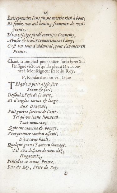 RONSARD - Collection of songs and poems celebrating the Duke of Anjou's victories...