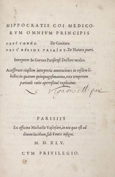 HIPPOCRATE De Genitura. De Natura pueri. Paris, Michel Vascosan, 1545. In-8, long-grained...