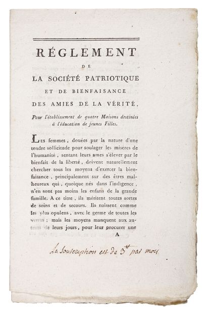 AELDERS (Etta Palm, baronne d') Règlement de la Société patriotique et de bienfaisance...