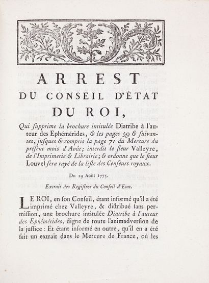 VOLTAIRE Diatribe à l'Auteur des Ephémérides. 1775. Genève, Et se trouve à Paris,...