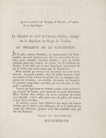 null IMPRESSION DE L'ARMÉE RÉVOLUTIONNAIRE. - Mémoire sur la Prise de Toulon. [À...