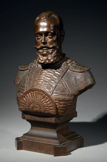  Large bust of Tsar Alexander III of Russia in brown patina bronze, wearing armour...