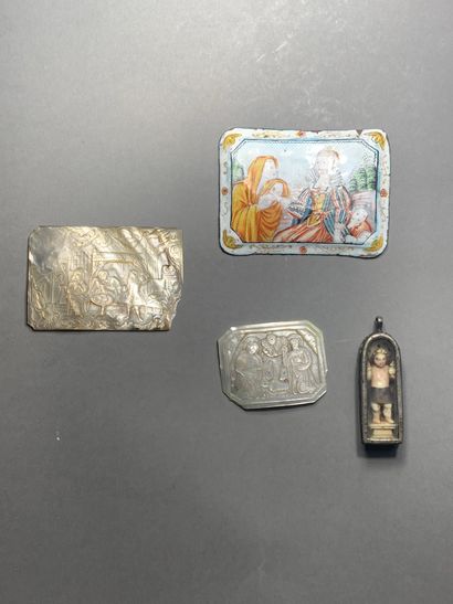  Lot with religious subjects including two rectangular carved mother-of-pearl plates,...