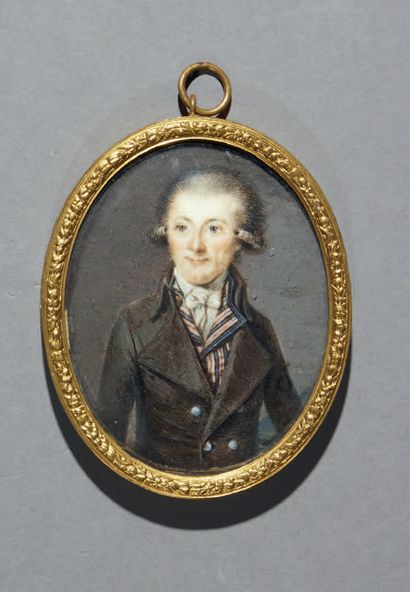 École FRANÇAISE vers 1790 Portrait d'homme en redingote brune et gilet rayé bleu...