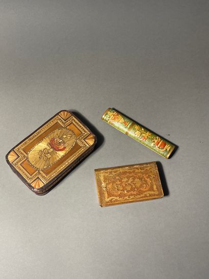  Set of three straw marquetry boxes and cases Including a rectangular box, a box...
