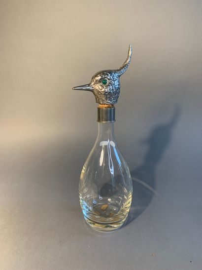 null Carafe en verre à bouchon en forme de tête d'oiseau en métal argenté