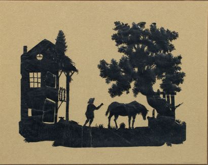 null Deux papiers découpés et gaufrés à décor de scènes rurales 22 x 28 cm