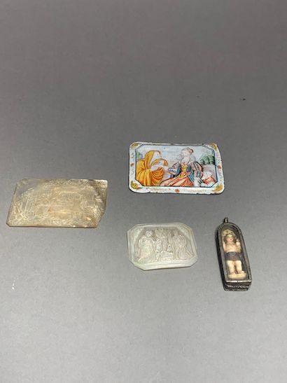 null Lot with religious subjects including two rectangular carved mother-of-pearl...