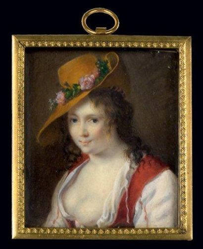 ECOLE FRANÇAISE VERS 1800 Portrait d'une jeune fille largement décolletée et coiffée...