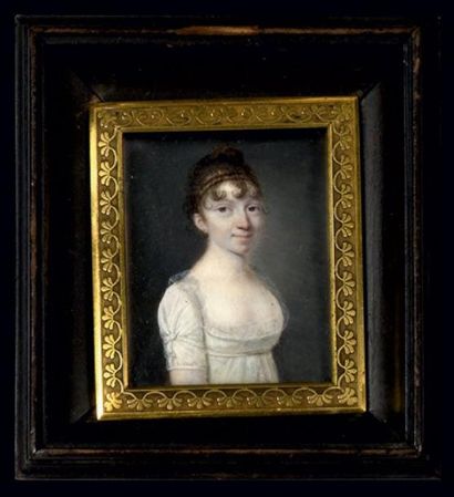 ECOLE DE LOUIS-FRANÇOIS AUBRY (1757-1851) Portrait de jeune fille en robe de soie...