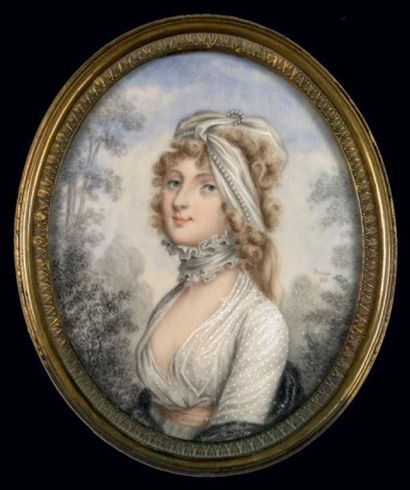 D'APRÈS ANDREW PLIMER (1763-1837) Portrait d'une jeune femme en robe de voile blanc...