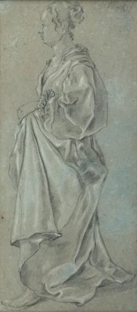 GOVAERT FLINCK (CLÈVES 1615 - AMSTERDAM 1660) Etude de femme debout Pierre noire,...