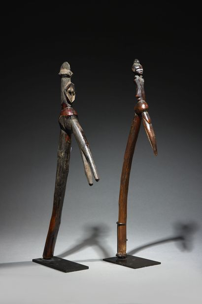  Two Lobi canes Burkina Faso Wood H. 46 and 45 cm Two khuluor dance canes carved...