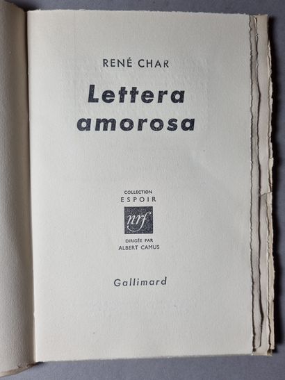  CHAR (René). Lettera amorosa. Paris, Gallimard, [1953]. In-12, broché, à toutes...
