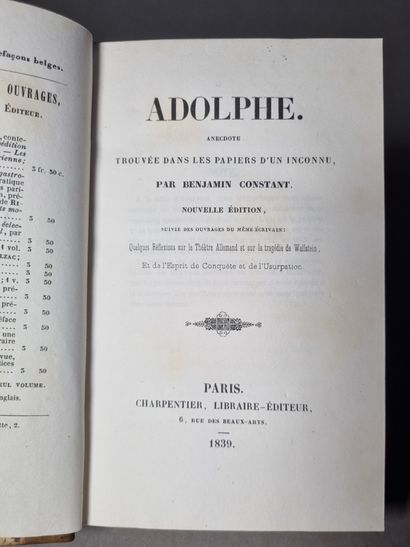 null CONSTANT (Benjamin). Adolphe. Paris, Charpentier, 1839. In-12, demi-veau mastic,...