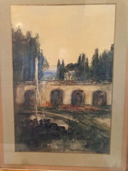 Pierre LAPRADE (1875-1931) 
Jardin de la villa Médicis à Rome
Aquarelle et gouache
Signé...