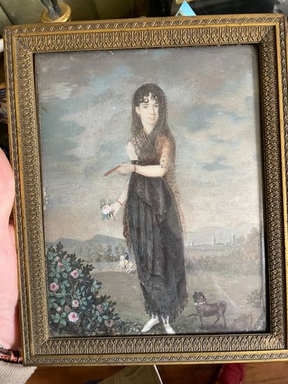 Ecole FRANCAISE du début du XIXème siècle 
Portrait de femme au carlin
Grand miniature
Gouache
Signée...