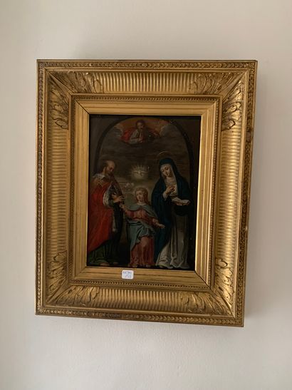 ÉCOLE du XVIIème siècle 
La Sainte Famille
Huile sur cuivre
Cadre en bois doré