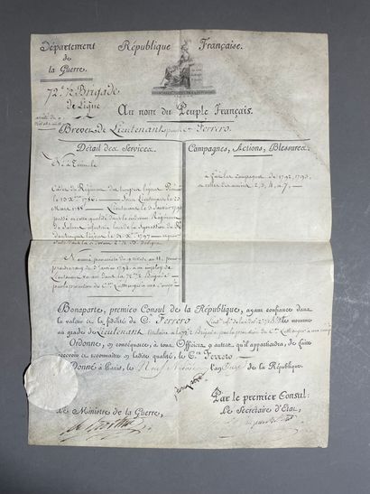 BONAPARTE Dossier marqué Napoléon Ier
Pièce signée « Bonaparte » (secrétaire de la...
