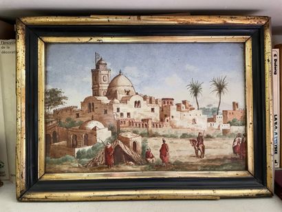 Ecole du XIXème siècle 
Paysage orientaliste
Sur plaque de porcelaine
Dans un encadrement...
