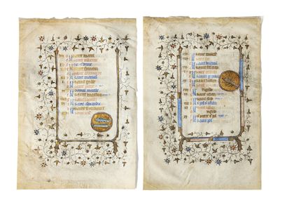  [LIGHTING]. [CALENDAR]. Two leaves from a calendar in a book of hours (or possibly...