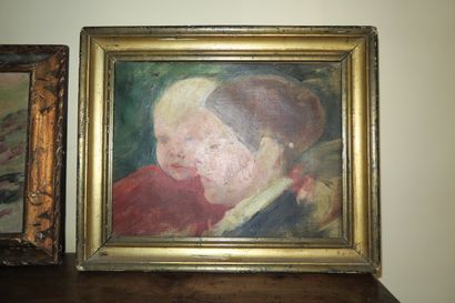 École de la fin du XIXe siècle Mother and child Oil on canvas 25,5 x 33 cm on vi...