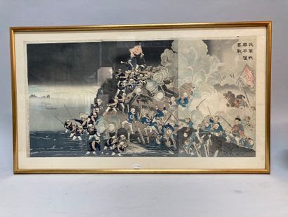 Kobayashi Kiyochika (1847-1915): Triptych oban tate-e, our victory in Pyongyang (Heijo)....